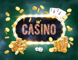 Ordet Casino med guldmynt, tärningar och spelkort.